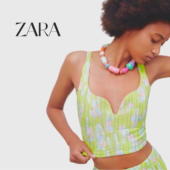 Zara Tops - Zara Green/Pink Floral Crop Top Sz M NWOT